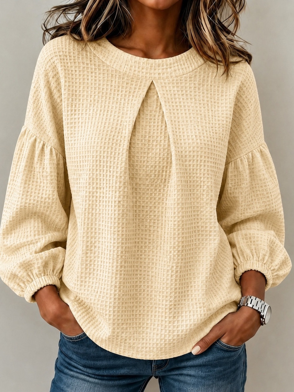 Waffle Knit Round Neck Top